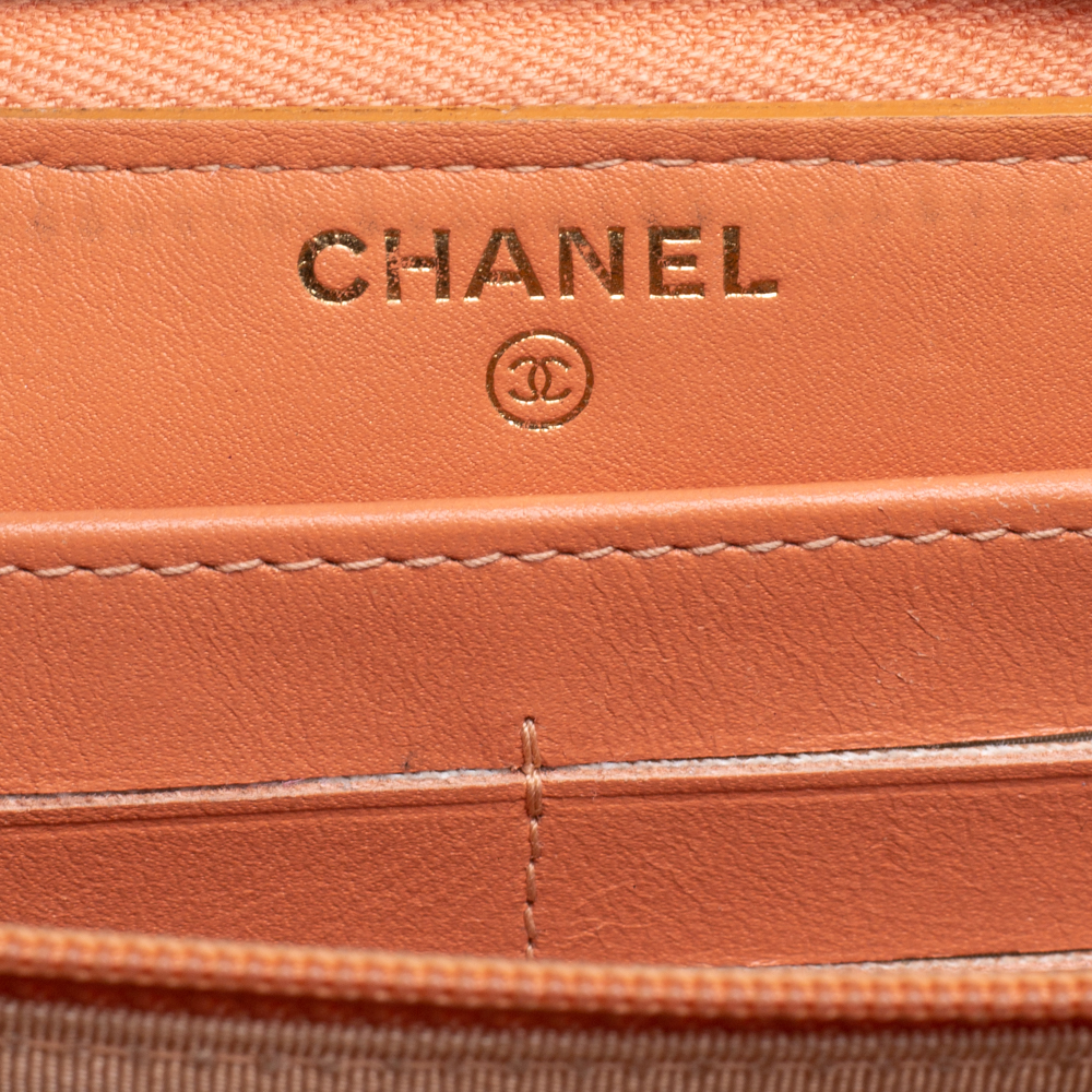 Chanel Orange Quilted Caviar Suede CC Zip Around Wallet