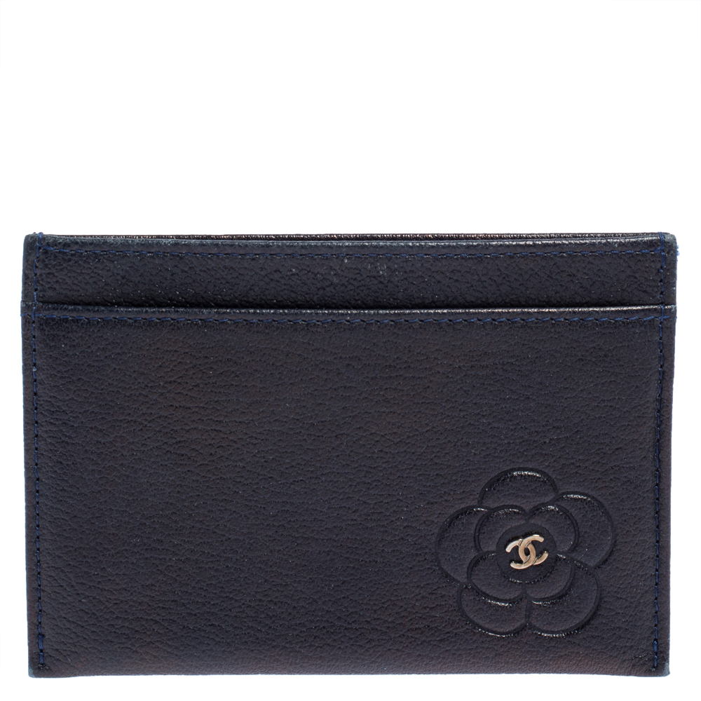 Chanel Navy Blue Leather CC Camellia Embossed Card Holder