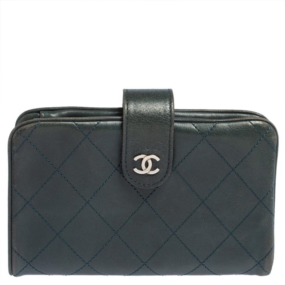 Chanel Teal Green Quilted Lambskin Leather CC French Wallet