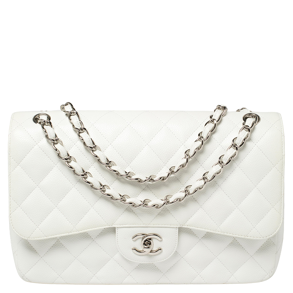 Chanel White Quilted Caviar Leather Jumbo Classic Double Flap Bag