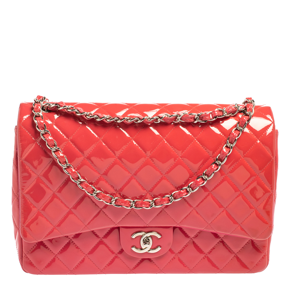 Chanel Fuchsia Quilted Patent Leather Maxi Classic Double Flap Bag