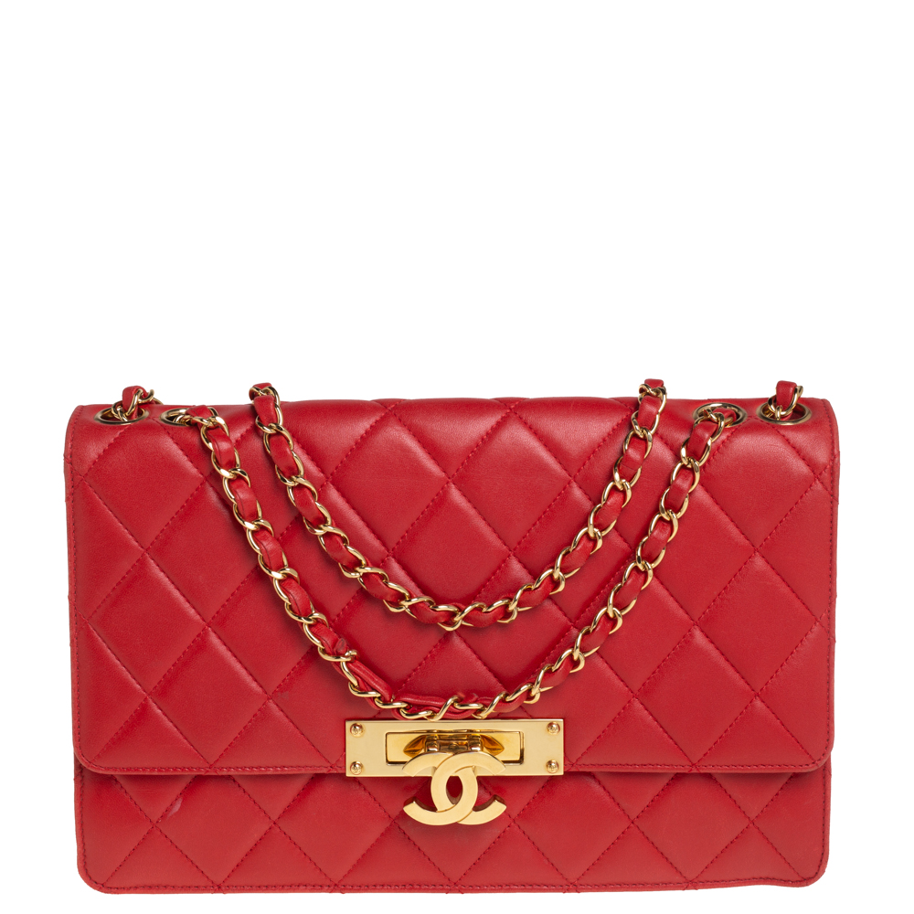 Chanel Red Quilted Lambskin Leather Large Golden Class Flap Bag