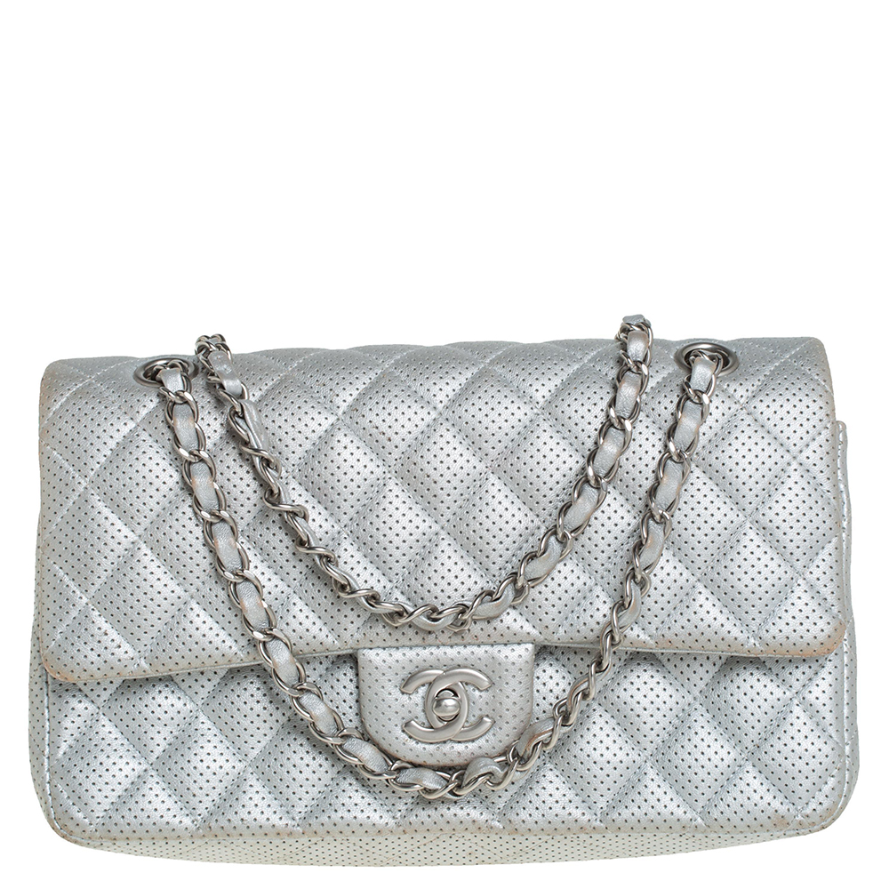 Chanel Silver Quilted Perforated Lambskin Leather Medium Classic Double Flap Bag