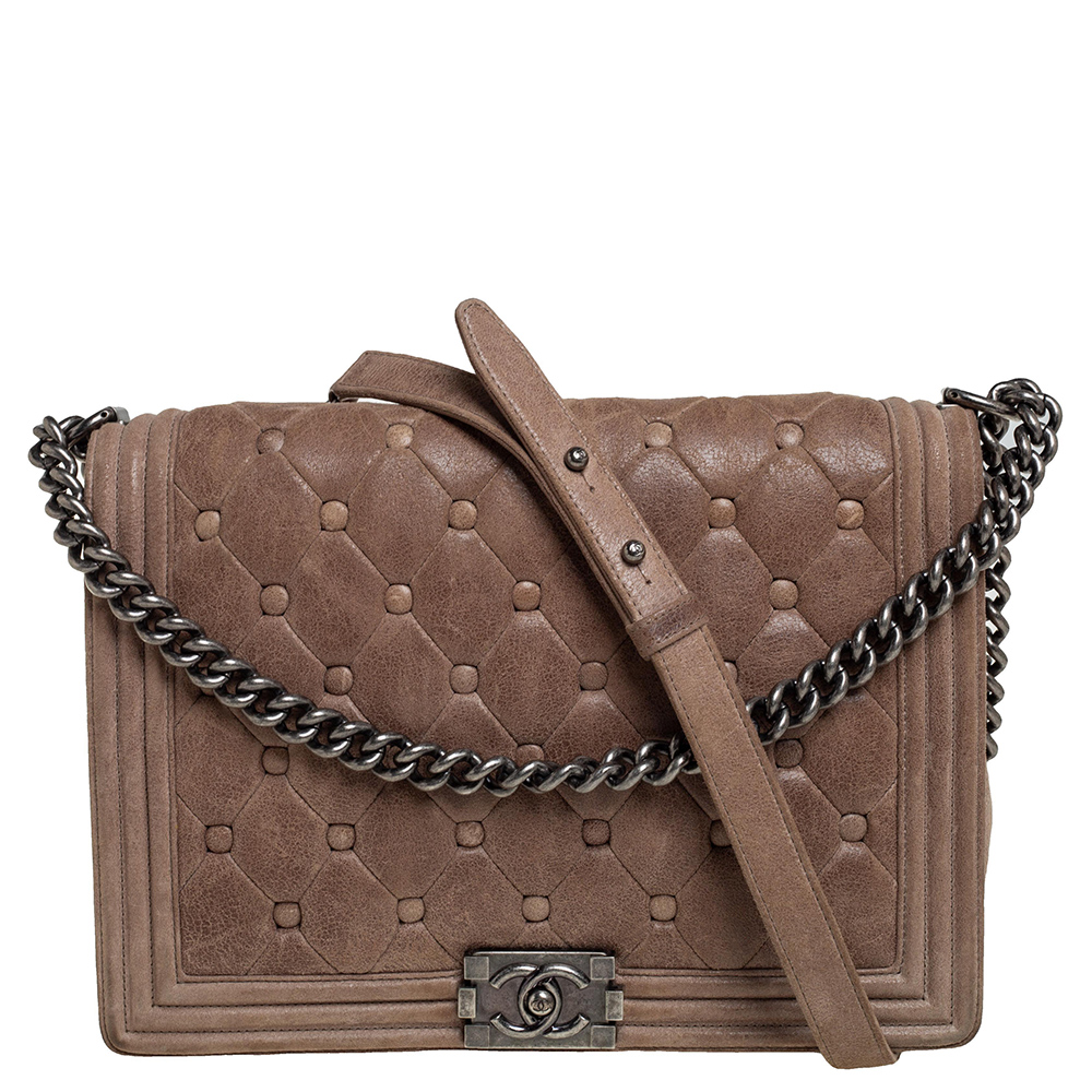 Chanel Beige Chesterfield Quilted Nubuck Leather Large Boy Flap Bag