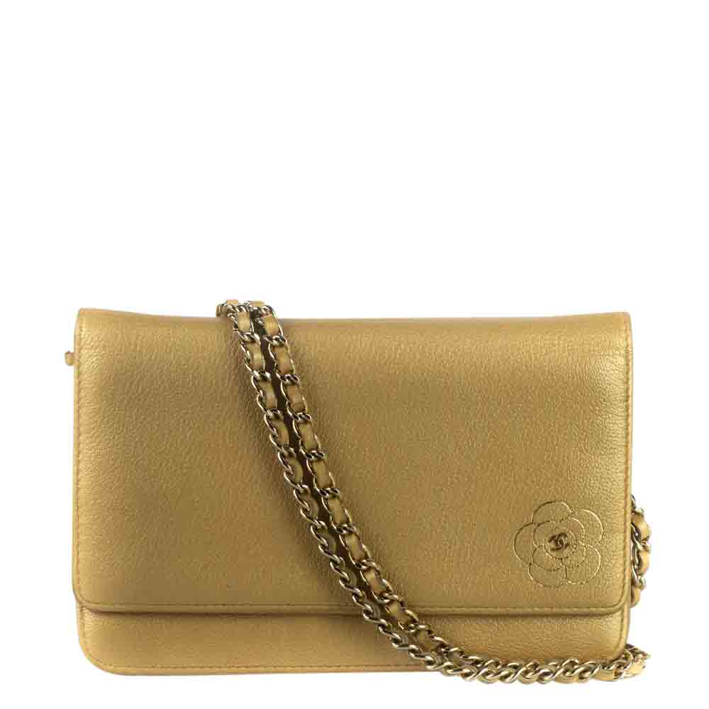 Chanel Gold Camelia Leather Wallet On Chain Bag