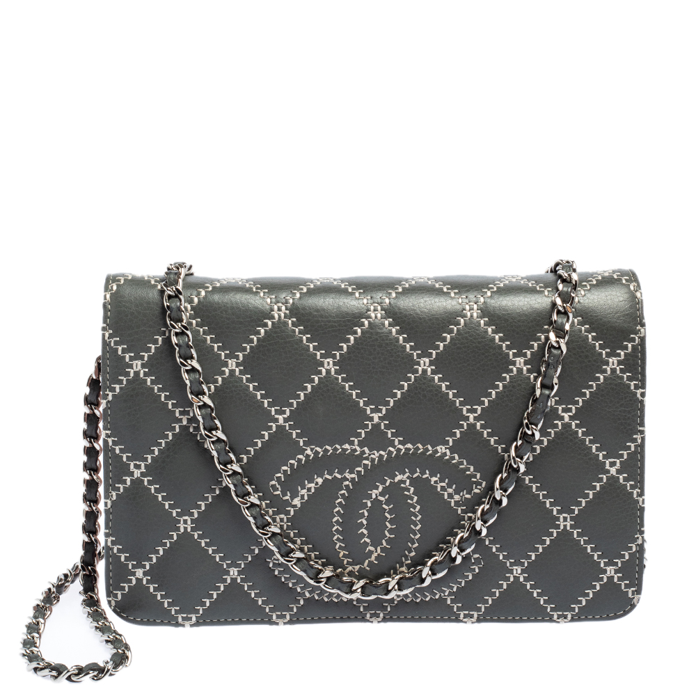 Chanel Grey/Pink Quilted Leather Wild Stitch CC Wallet on Chain
