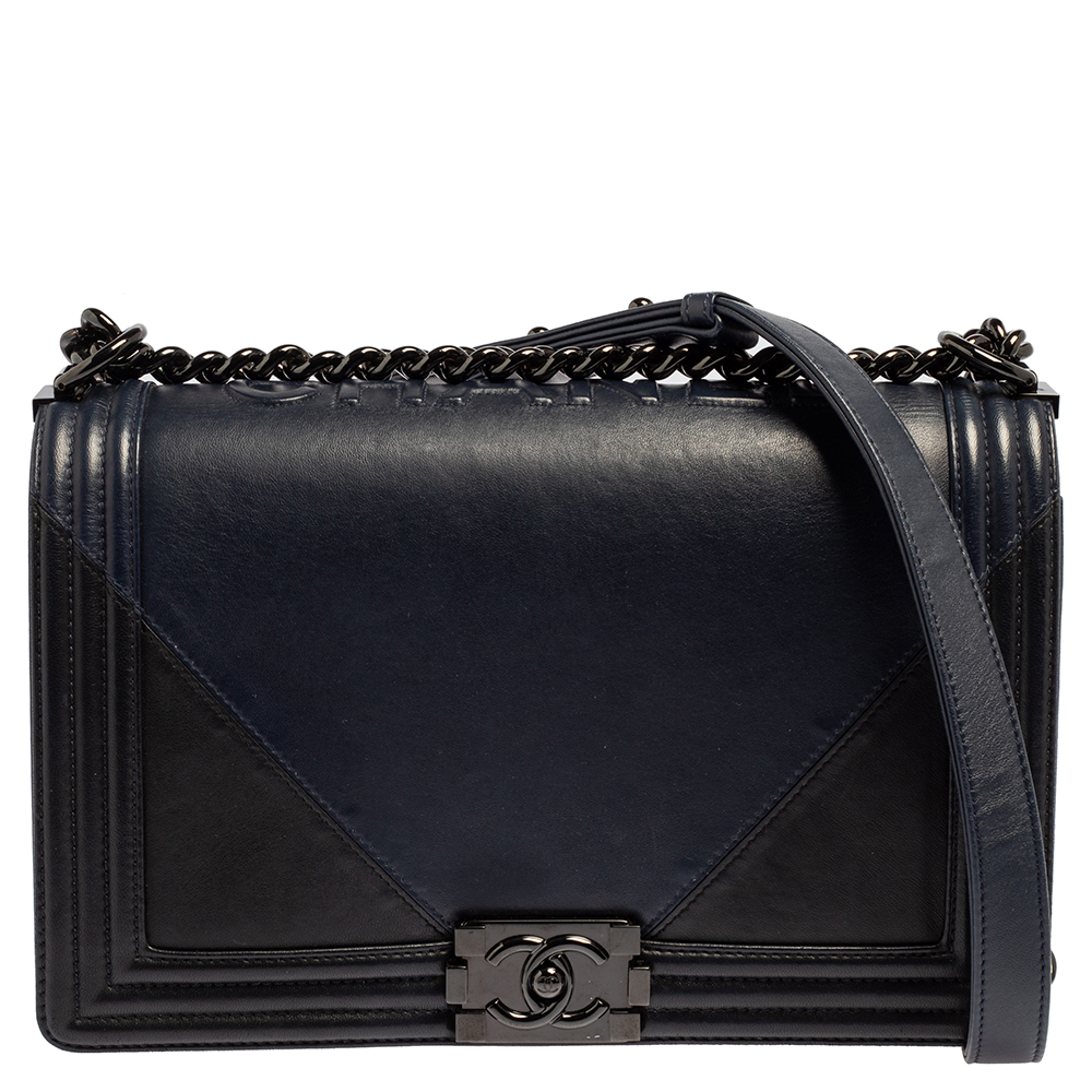 Chanel Navy Blue/Black Leather New Medium Boy Flap Bag