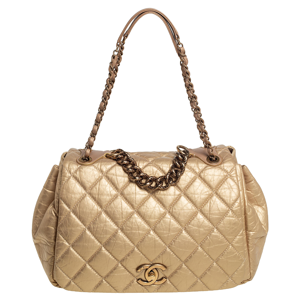 Chanel Metallic Gold Quilted Leather Flap Chain Shoulder Bag