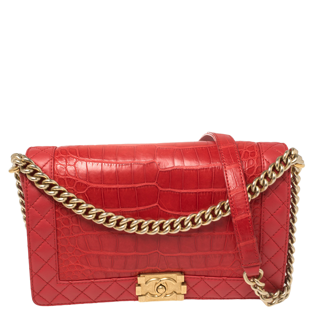 Chanel Red Alligator and Leather New Medium Reverso Boy Flap Bag