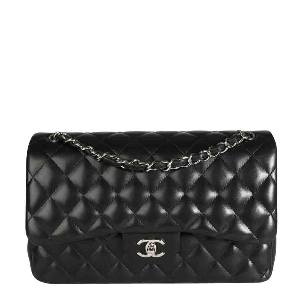 Chanel Black Quilted Lambskin Leather Jumbo Classic Double Flap Bag