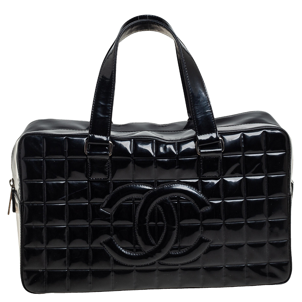 Chanel Black Quilted Patent Leather Chocolate Bar Bowler Bag