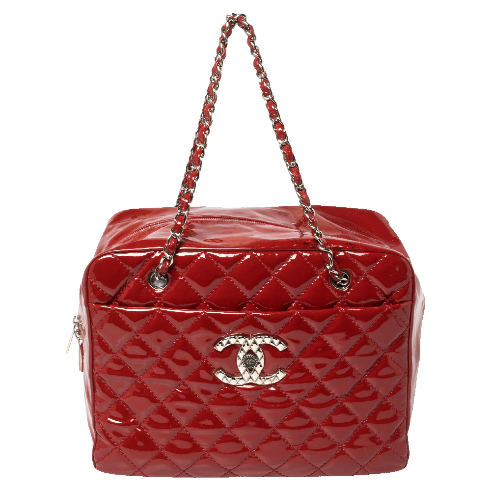 Chanel Red Quilted Patent Leather CC Bowler Bag