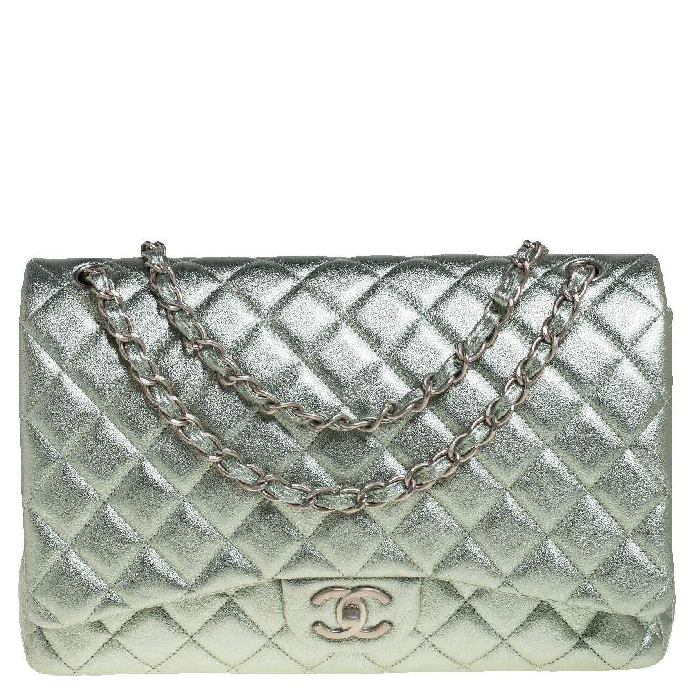Chanel Metallic Mint Green Quilted Leather Maxi Classic Double Flap Bag