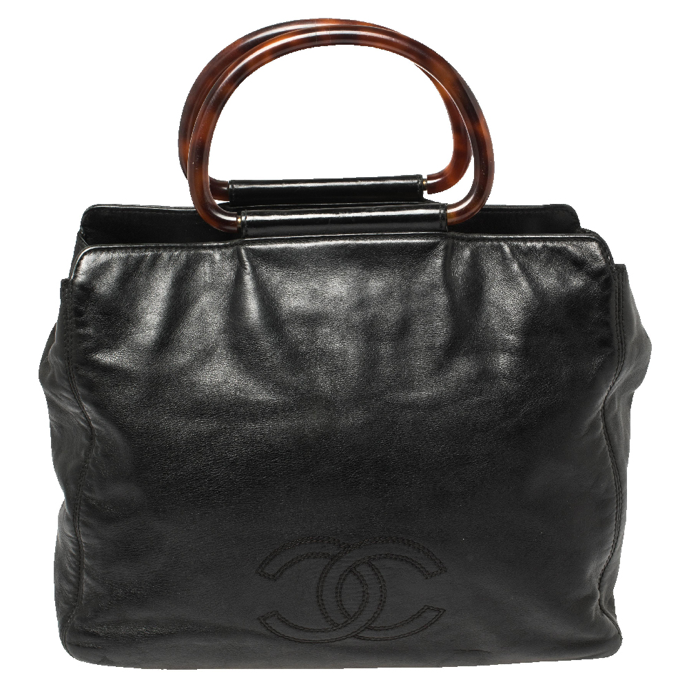 Chanel Black Soft Leather CC Tortoise Ring Handle Tote