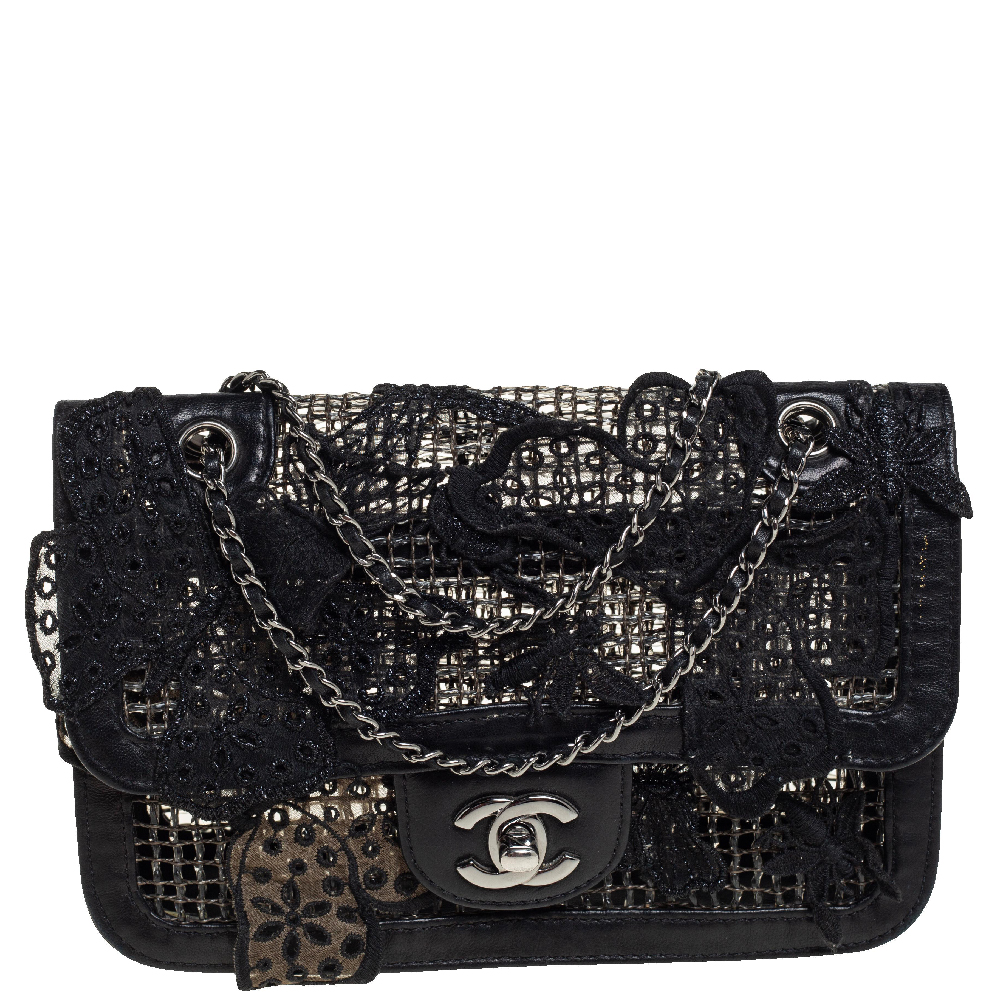 Chanel Black PVC Mesh And Leather Butterfly Flap Shoulder Bag