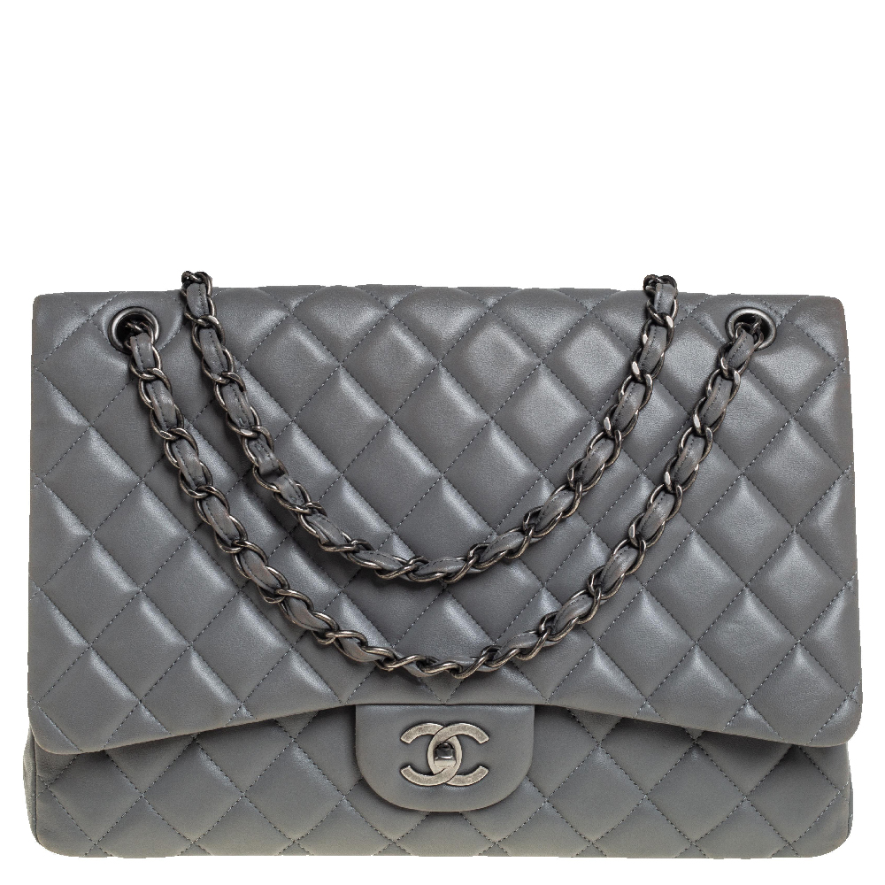Chanel Grey Quilted Lambskin Leather Maxi Classic Single Flap Bag