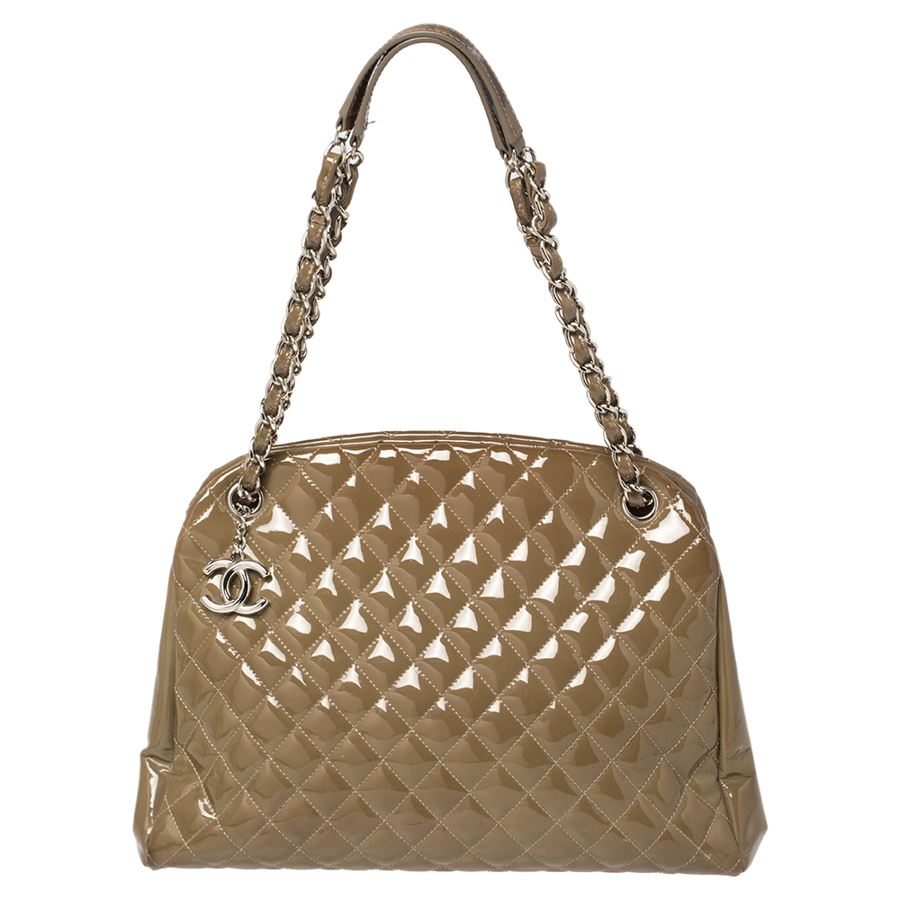 Chanel Brown Quilted Patent Medium Just Mademoiselle Bowling Bag