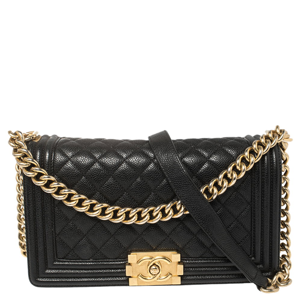 Chanel Black Quilted Cavair Leather Medium Boy Bag