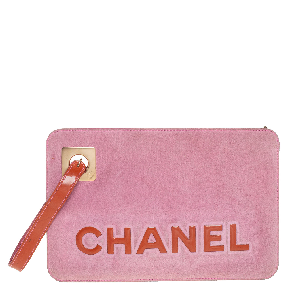 Chanel Pink/Brown Suede and Patent Leather Camellia Wristlet Clutch