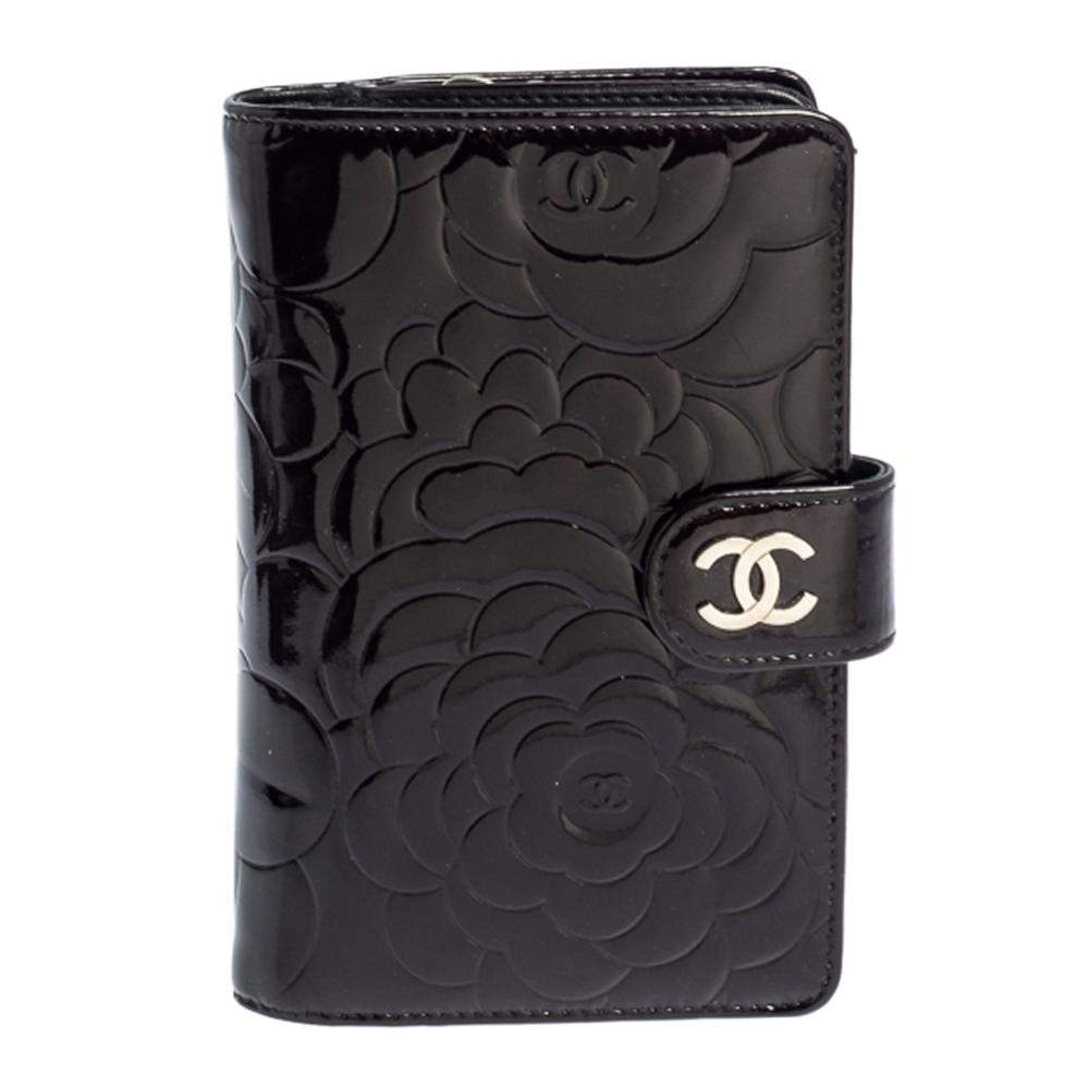 Chanel Black Camellia Patent Leather L-Zip Pocket Wallet