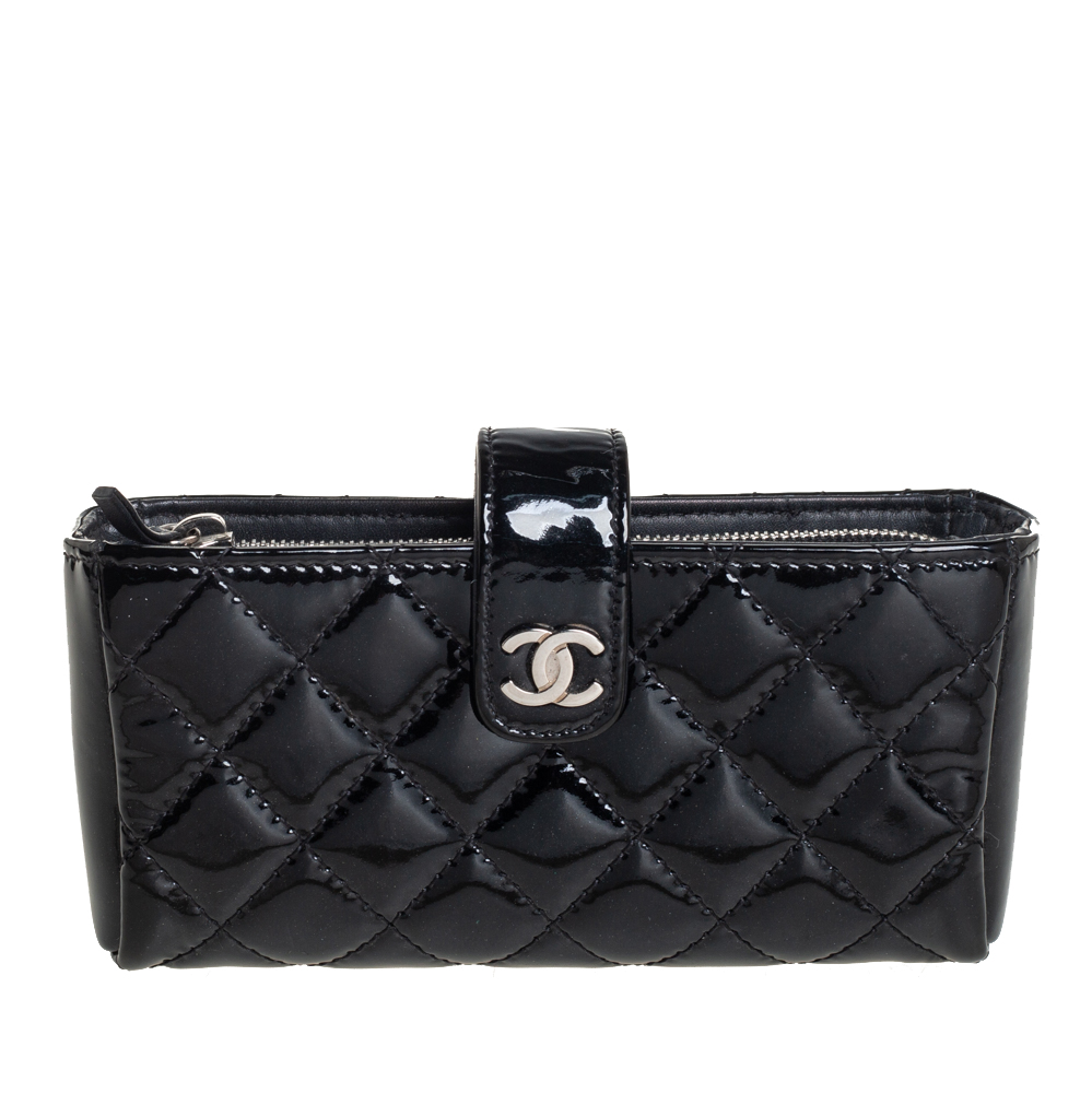 Chanel Black Quilted Patent Leather CC Phone Pouch