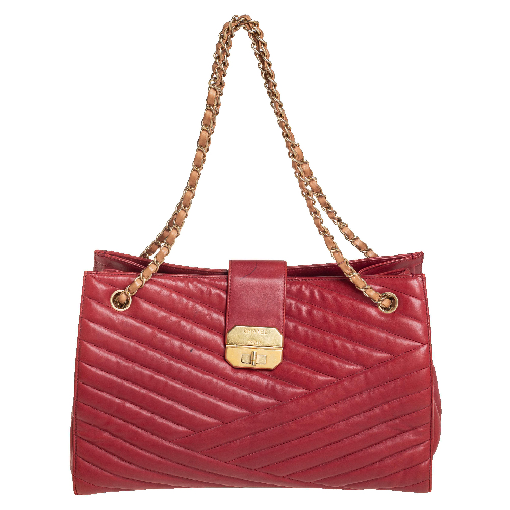 Chanel Red/Tan Chevron Lambskin Leather Gabrielle Tote