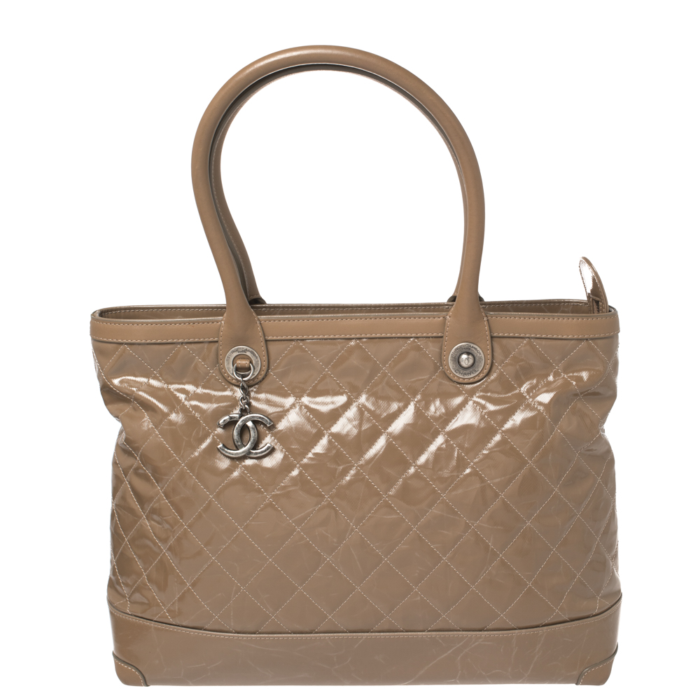 Chanel Brown Striated Quilted Coated Canvas and Leather Rue Cambon Tote