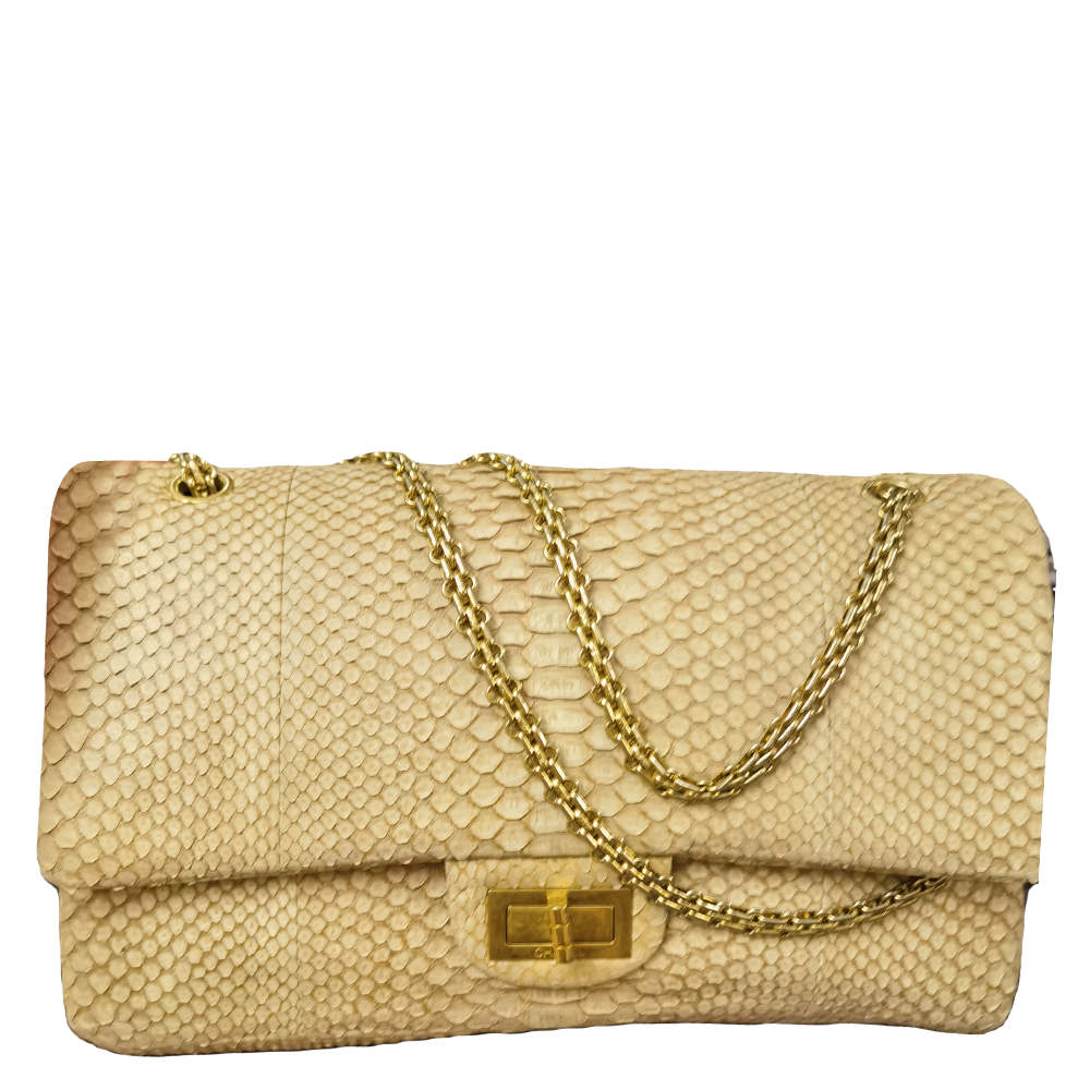 Chanel Beige Python Leather Classic Medium Shoulder Bag