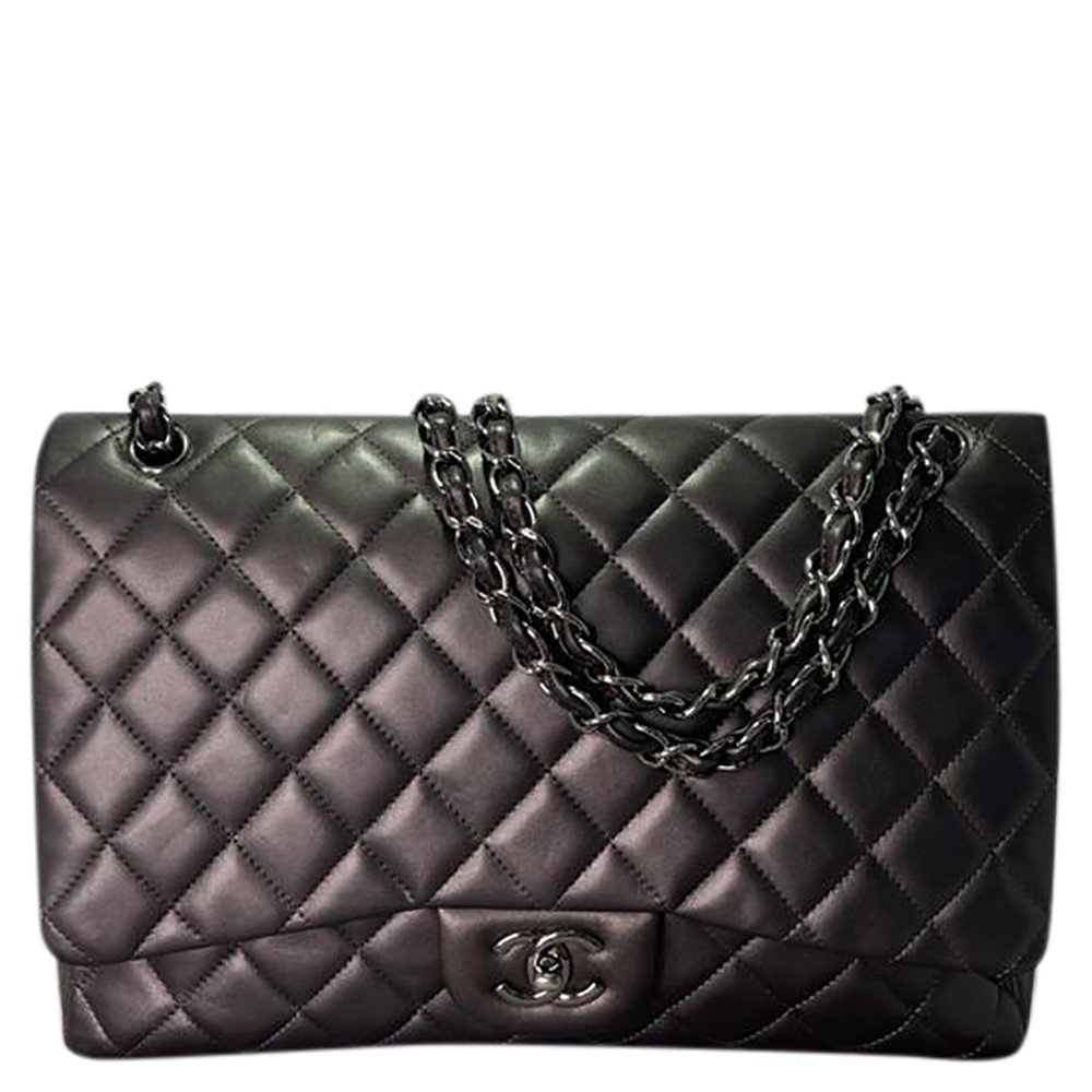 Chanel Dark Grey Lambskin Leather Medium Classic Double Flap Shoulder Bag