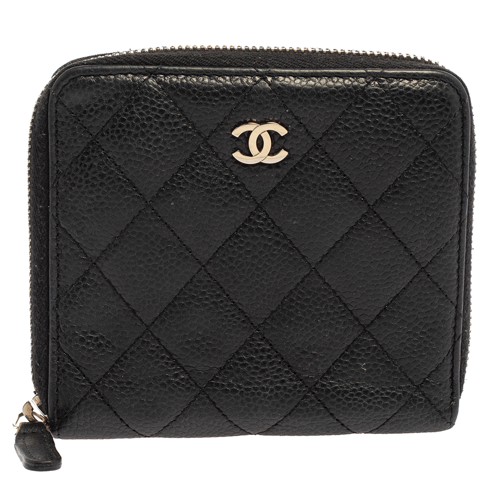 Chanel Black Caviar Leather Zip Around Compact Wallet