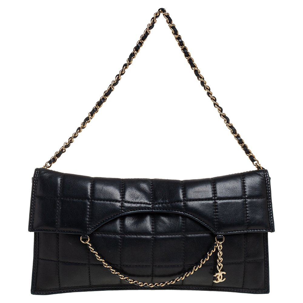 Chanel Black Chocolate Bar Quilted Foldover Clutch