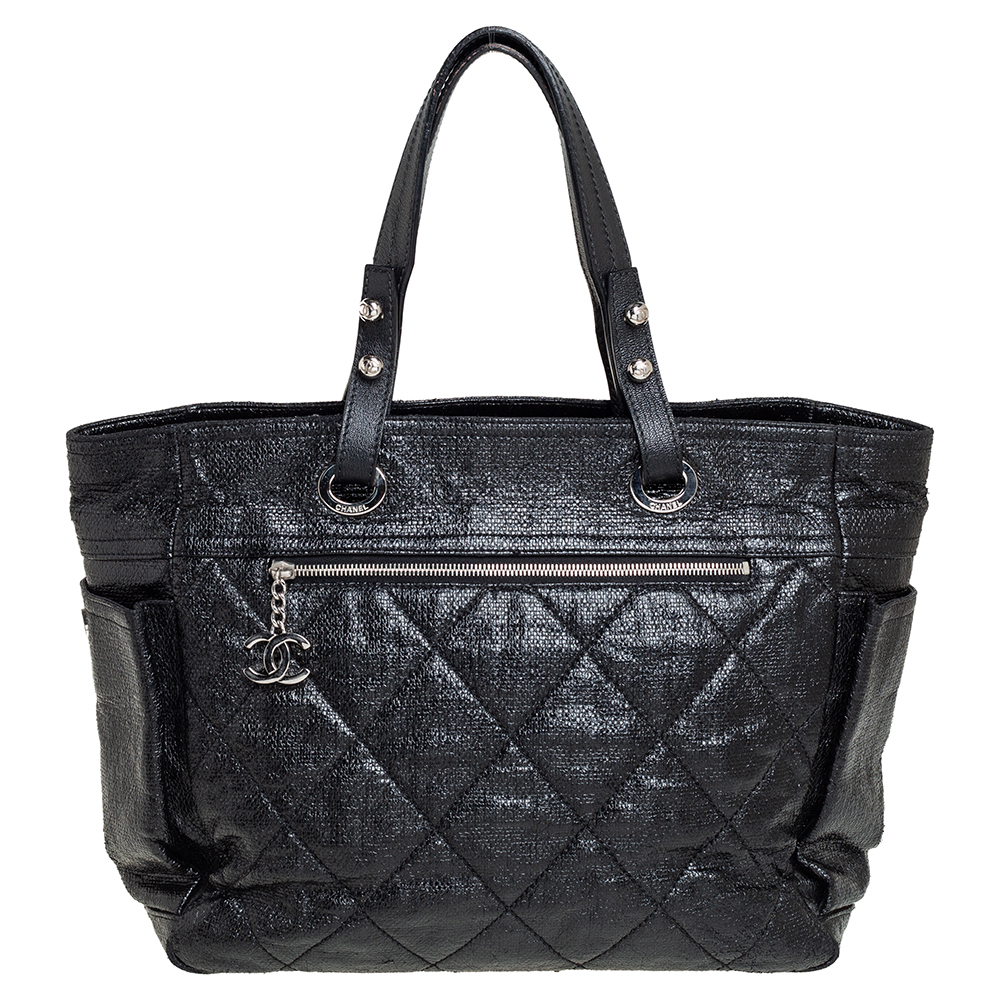 Chanel Glossy Black Quilted Coated Canvas Paris Biarritz Grand Shopping Tote