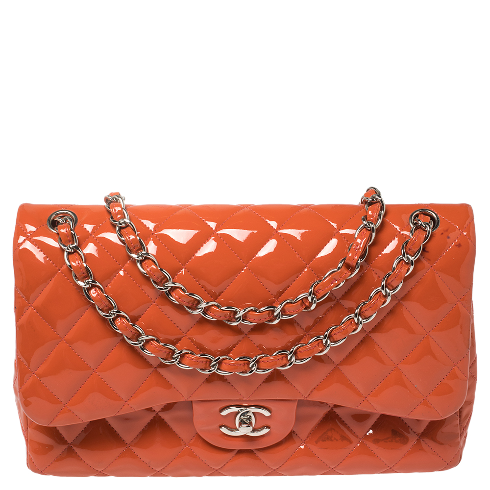 Chanel Coral Red Quilted Patent Leather Jumbo Classic Double Flap Bag