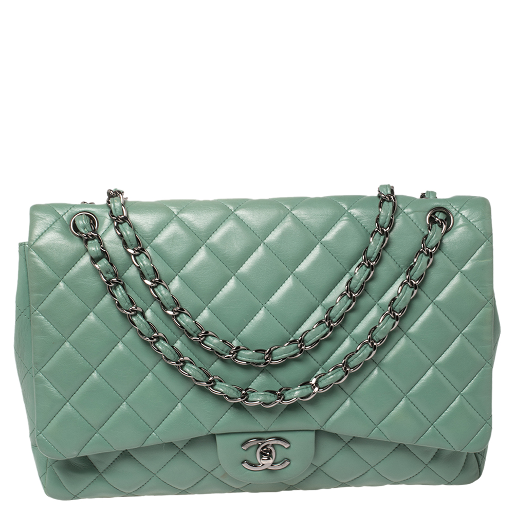 Chanel Green Quilted Lambskin Leather Maxi Classic Single Flap Bag