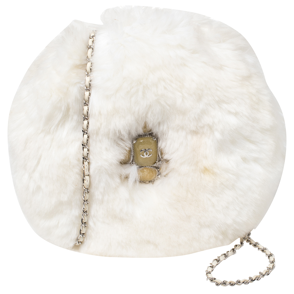 Chanel White Faux Fur Crystal Embellished CC Round Crossbody Bag