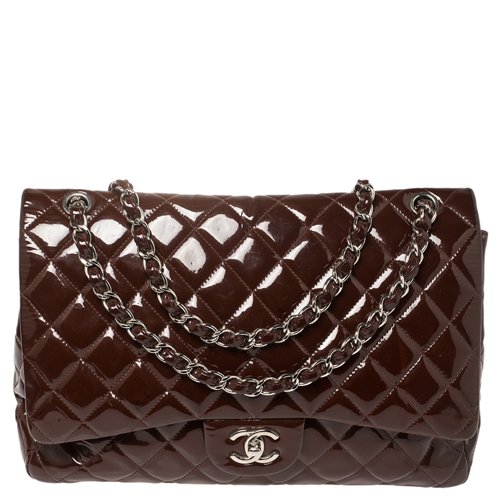 Chanel Maroon Quilted Patent Leather Maxi Classic Single Flap Bag
