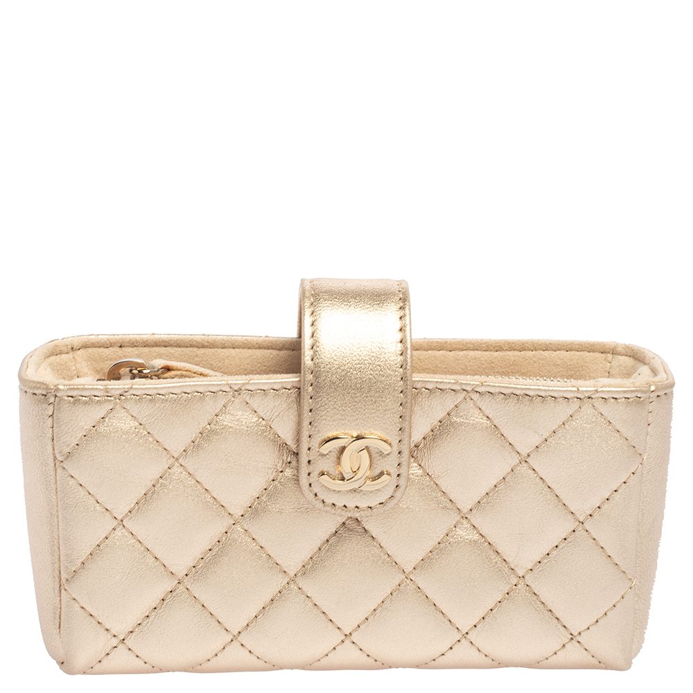 Chanel Gold Quilted Lambskin Leather CC Phone Pouch