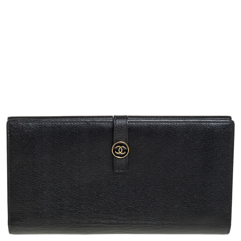 Chanel Black Grained Leather CC Button Continental Wallet