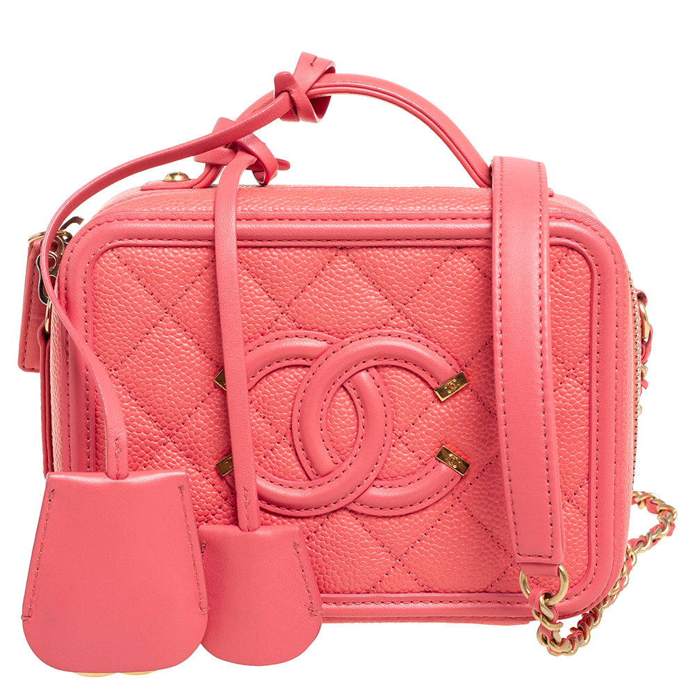 Chanel Pink Quilted Caviar Leather Small CC Filigree Vanity Case Bag