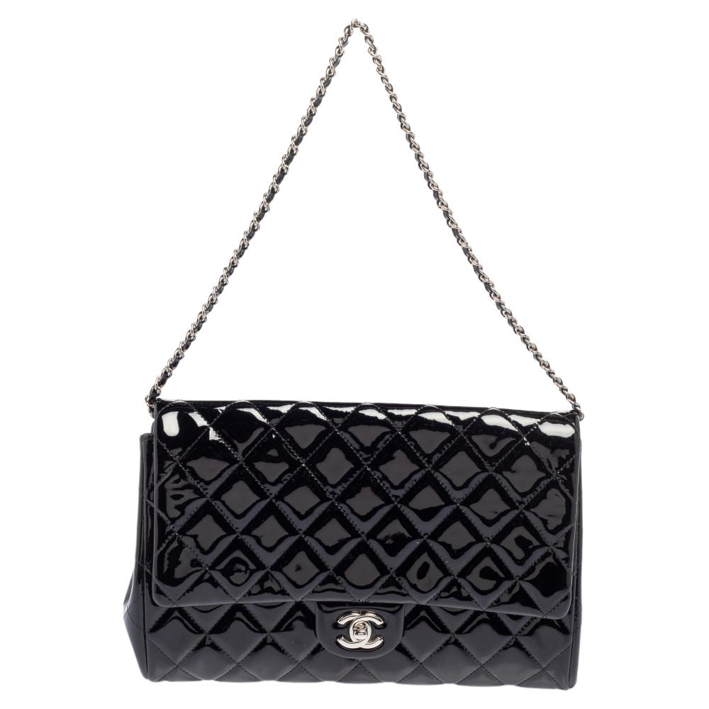 Chanel Black Quilted Patent Leather Flap Chain Clutch