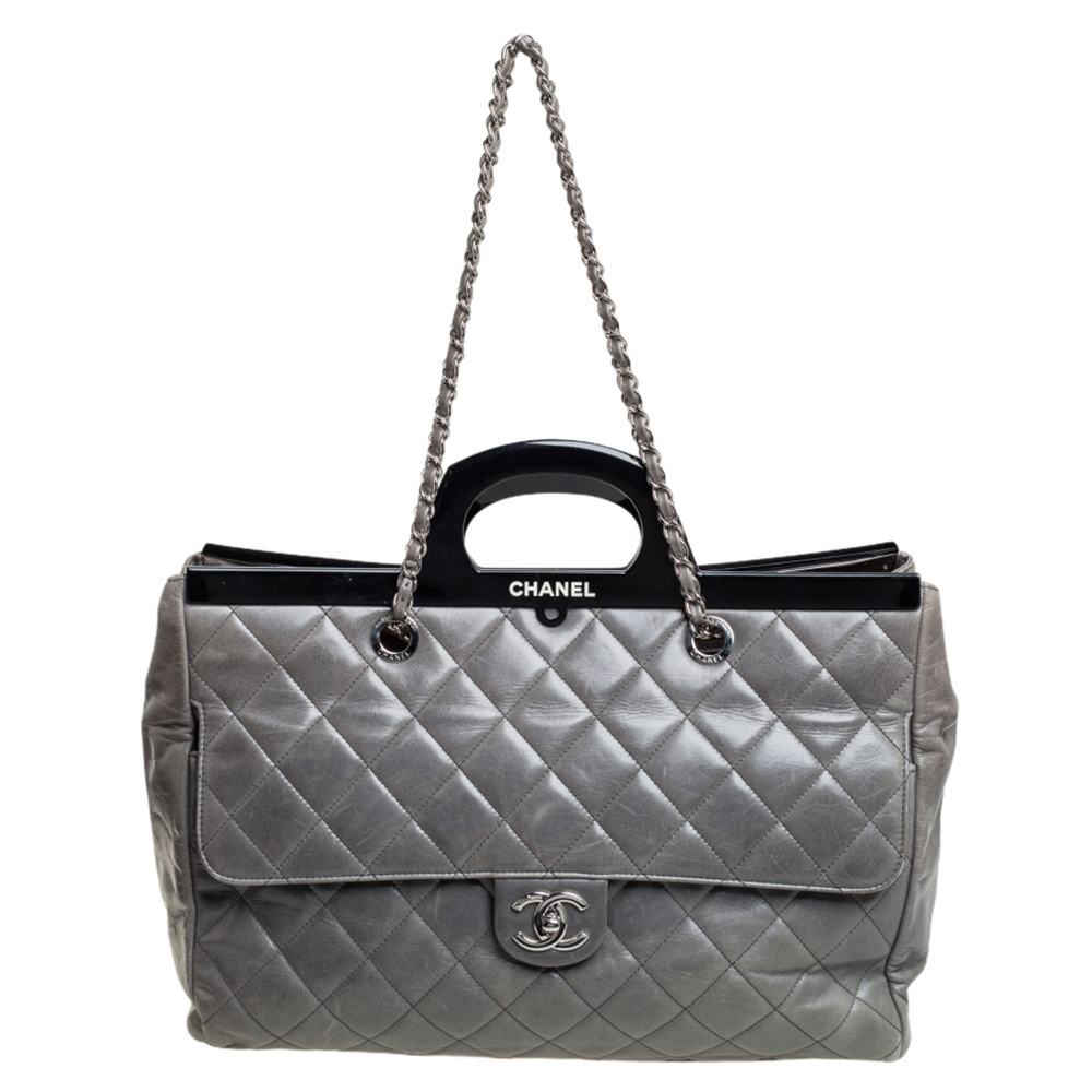 Chanel Grey Quilted Crinkled Leather Large CC Delivery Tote