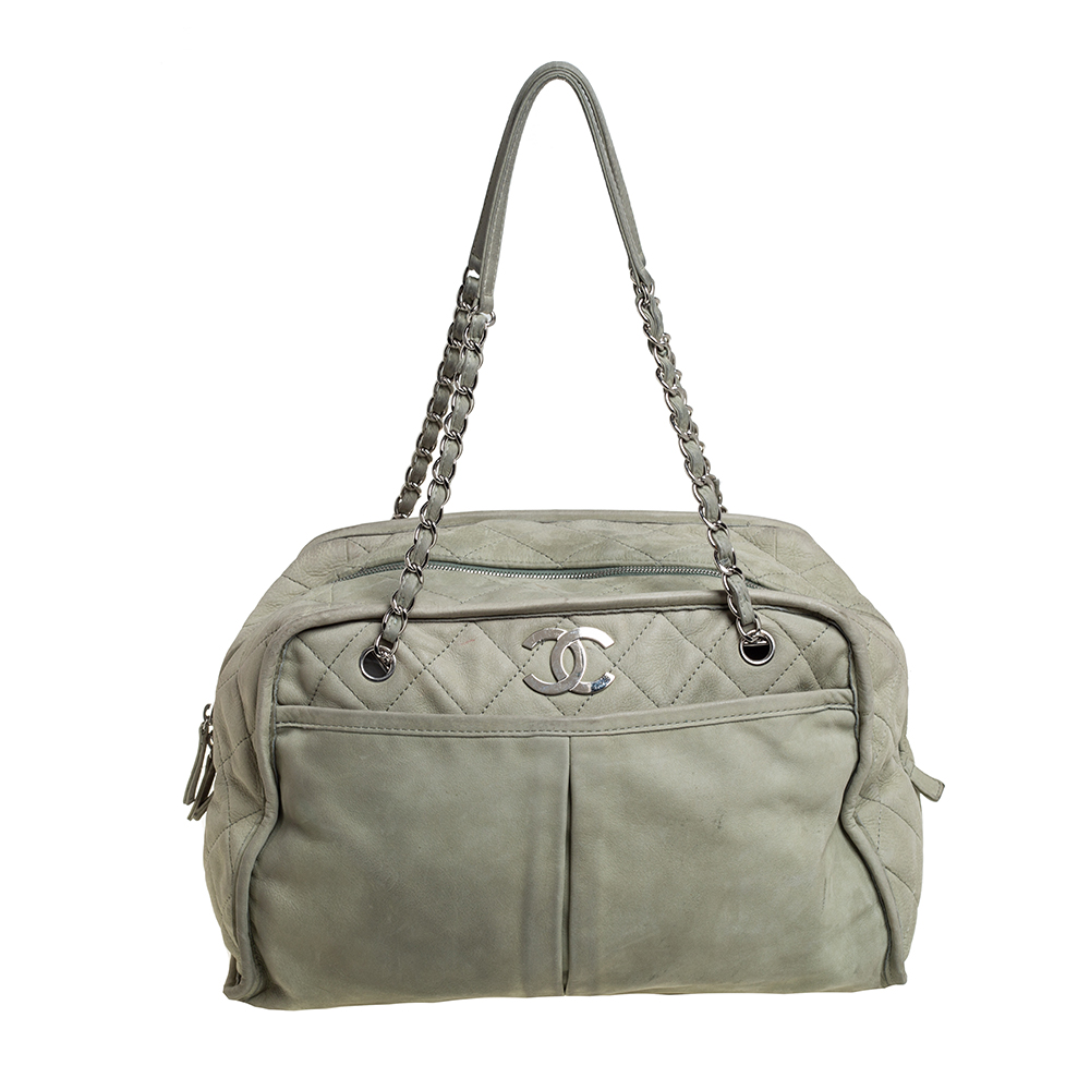 Chanel Pale Green Quilted Nubuck Leather CC Pocket Satchel