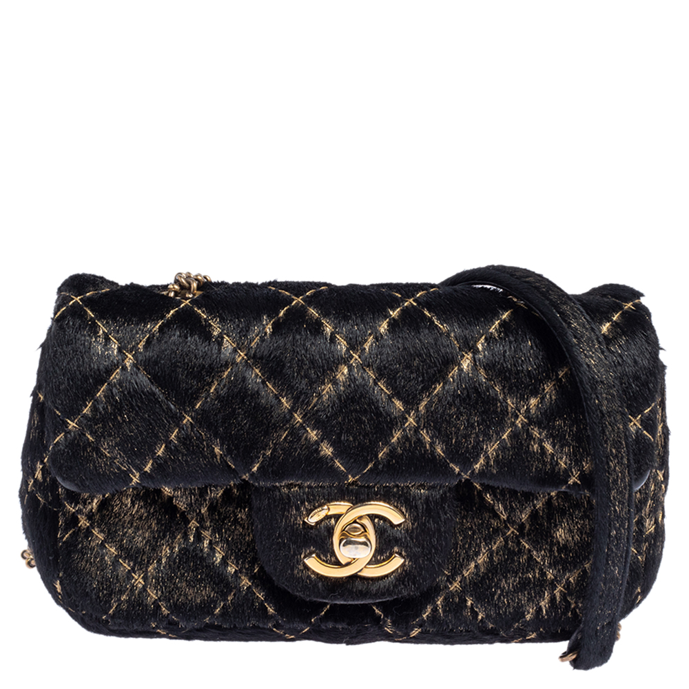 Chanel Black/Gold Quilted Calf Hair Extra Mini Classic Single Flap Bag