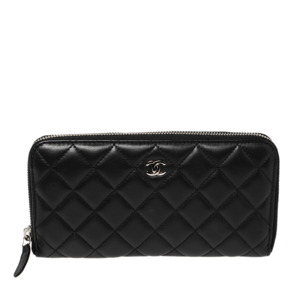 Chanel Black Quilted Leather CC Zip Around Wallet