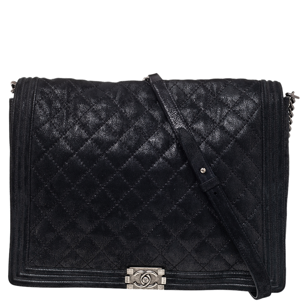 Chanel Black Quilted Iridescent Suede XL Gentle Boy Flap Bag