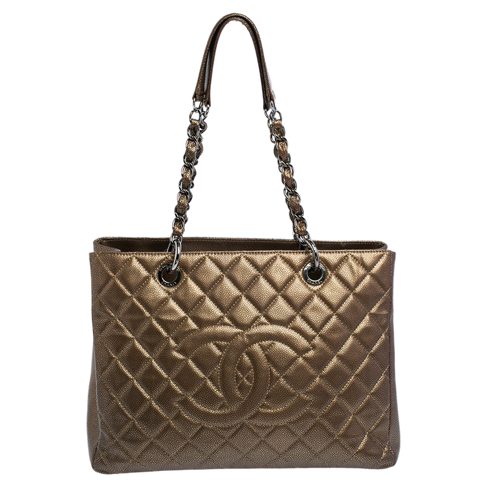 Chanel Metallic Bronze Quilted Caviar Leather Grand Shopper Tote