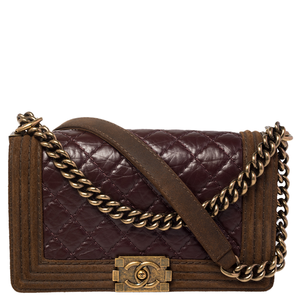Chanel Brown/Burgundy Quilted Leather and Suede Medium Boy Flap Bag