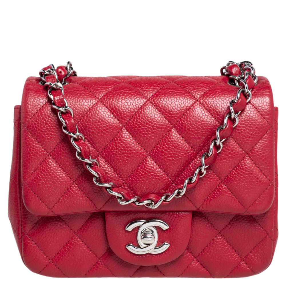 Chanel Red Quilted Leather Mini Square Classic Flap Bag