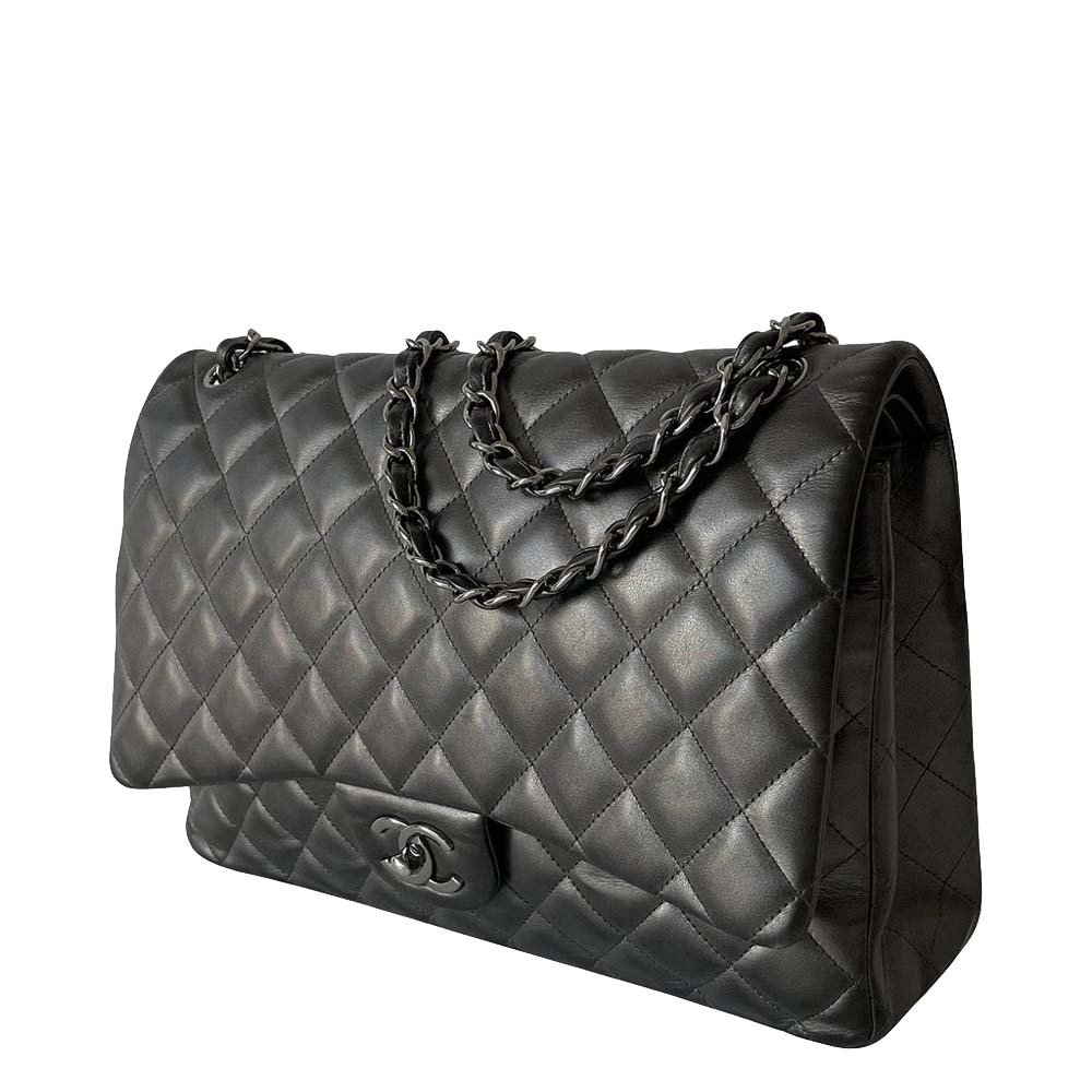 Chanel Grey Leather Classic Double Maxi Flap Bag