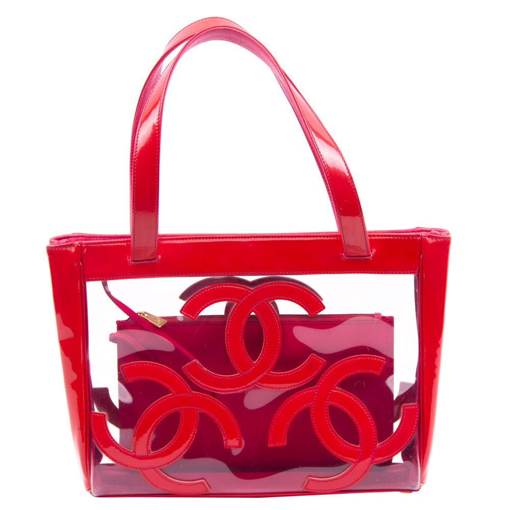 Chanel Red Vinyl Patent Leather Summer Tote Bag